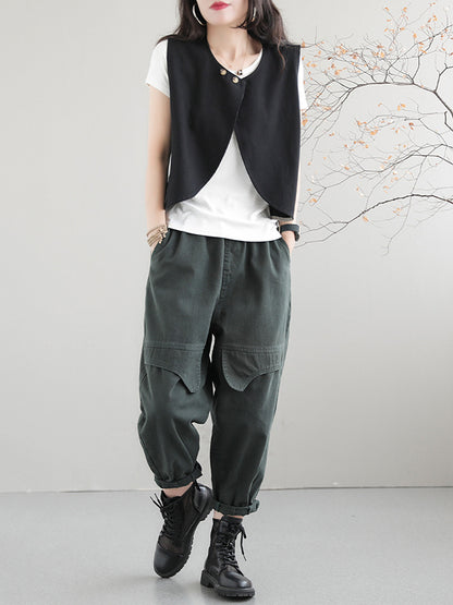 xakxx Artistic Retro Loose Sleeveless Solid Color Round-Neck Vest Outerwear