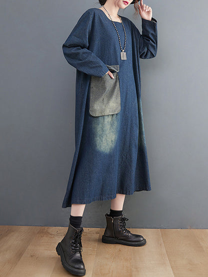xakxx Artistic Retro Loose Denim Applique Round-Neck Long Sleeves Midi Dress
