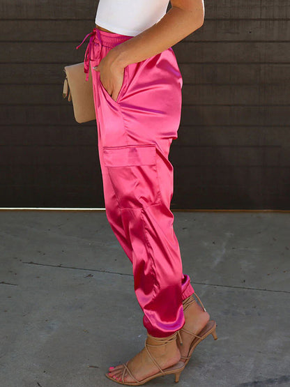 xakxx Ankle-Tied Drawstring Elasticity Pockets Solid Color Pants Trousers