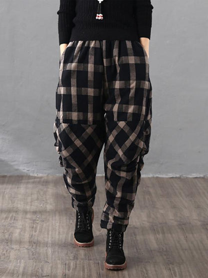 xakxx Vintage Plaid Thickening Pleated Harem Pants