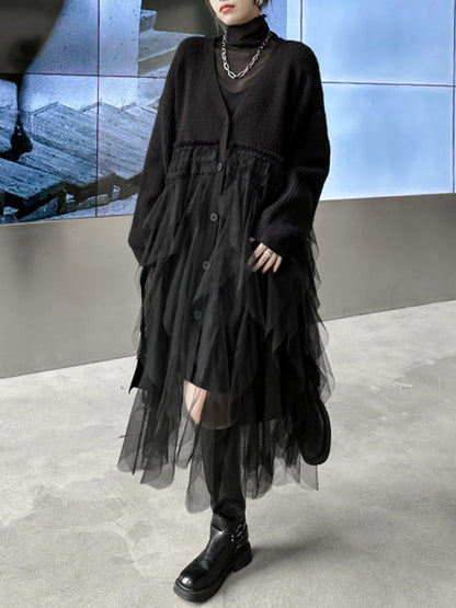xakxx Long Sleeves Loose Buttoned Pleated Solid Color Split-Joint Tulle Velvet V-Neck Cardigan Tops