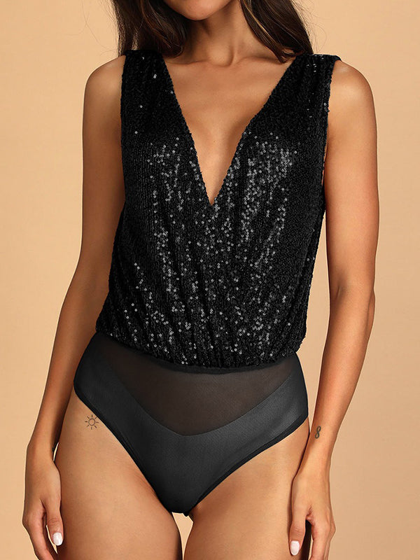 xakxx Skinny Sleeveless High-Waisted See-Through Sequined Split-Joint V-Neck Bodysuits