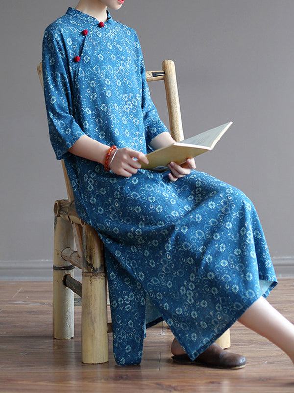 xakxx Original Solid Floral Stand Collar Midi Dress