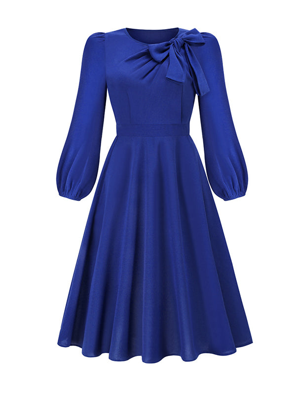 xakxx A-Line Long Sleeves Asymmetric Bowknot Elasticity Solid Color Round-Neck Midi Dresses