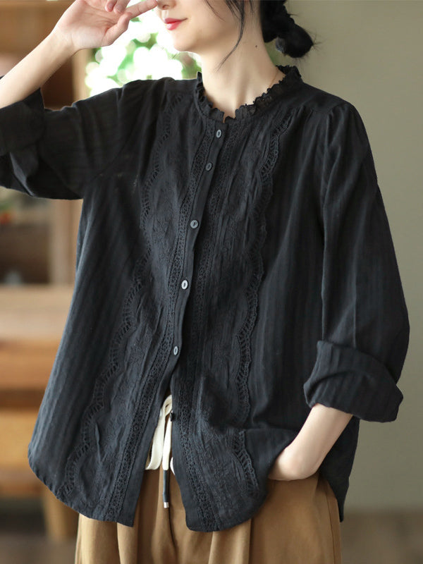 xakxx Long Sleeves Loose Embroidered Round-Neck Blouses&Shirts Tops