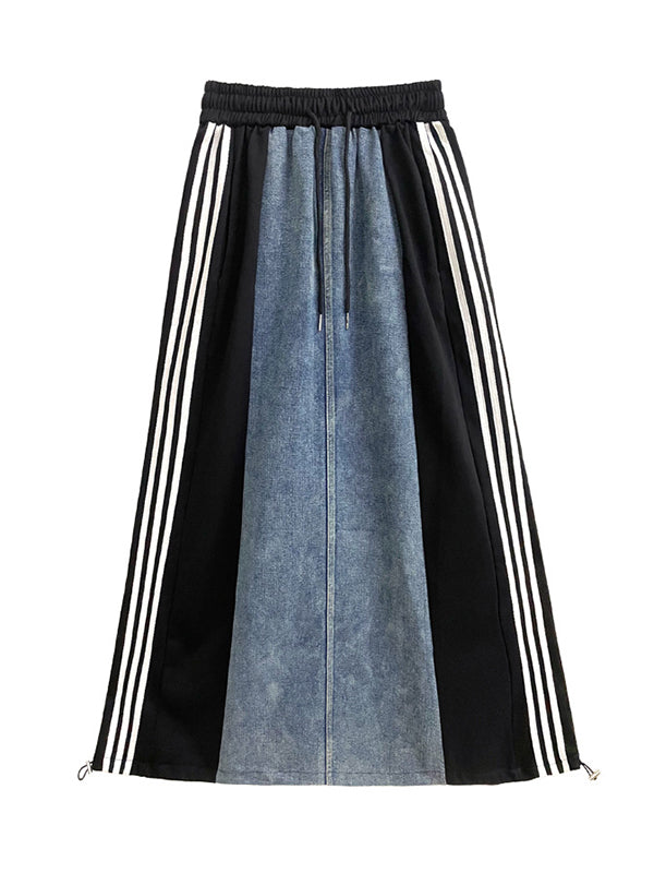 xakxx A-Line Loose Contrast Color Drawstring Split-Joint Striped Skirts Bottoms
