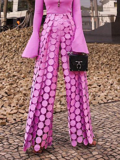 xakxx High Waisted Wide Leg Hollow Polka Dot Solid Color Pants Trousers