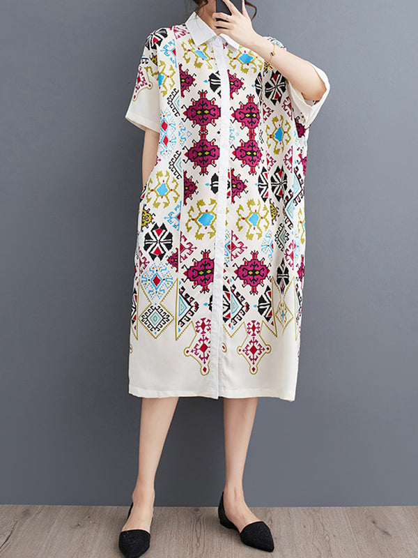 xakxx A-Line Loose Buttoned Printed Lapel Midi Dresses