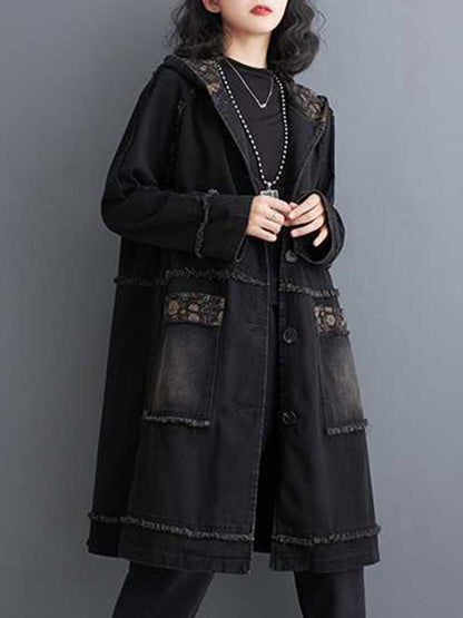 xakxx Loose Raglan Sleeve Floral Printed Fringed Split-Joint Hooded Outerwear Trench Coats