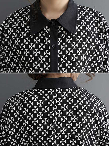 xakxx A-Line Long Sleeves Asymmetric Buttoned Pleated Printed Split-Joint Lapel Midi Dresses