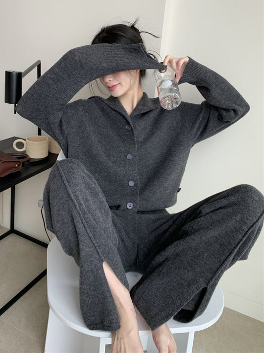 xakxx Urban Loose  Solid Color Cardigan Tops & Wide Leg Split-Front Pants Suits