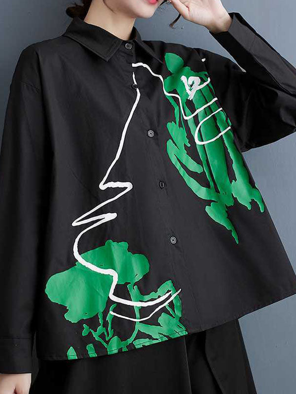 xakxx High-Low Long Sleeves Buttoned Printed Lapel Blouses&Shirts Tops