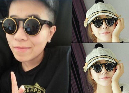 xakxx Women's Mens Retro Style Flip Up Round Steampunk Sunglasses