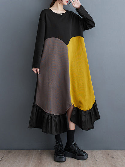 xakxx A-Line Long Sleeves Contrast Color Pleated Split-Front Split-Joint Round-Neck Midi Dresses