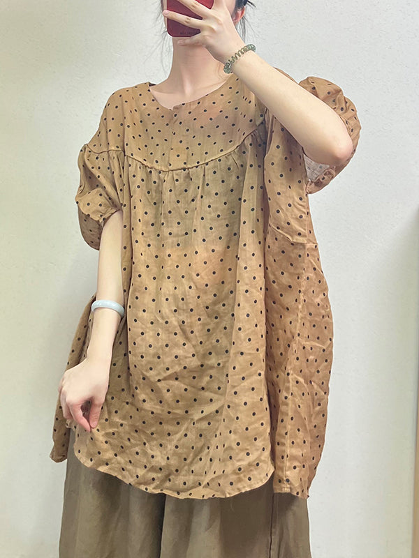 xakxx Loose Half Sleeves Polka-Dot Split-Joint Round-Neck Blouses&Shirts Tops