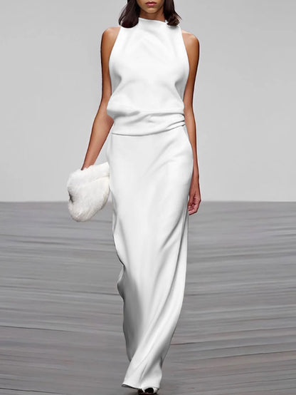 xakxx Loose Sleeveless Solid Color High-Neck Vest Tops&Skirts Bottoms Two Pieces Set