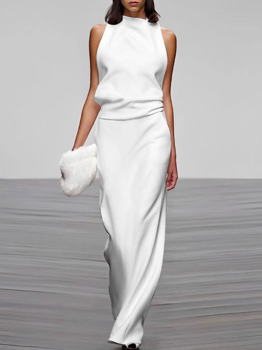 xakxx Loose Sleeveless Solid Color High-Neck Vest Tops&Skirts Bottoms Two Pieces Set