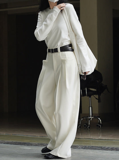 xakxx Loose Pleated Solid Color Wide Leg Pants Bottoms