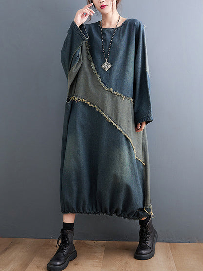 xakxx Original Loose Denim Contrast Color Round-Neck Long Sleeves Midi Dress