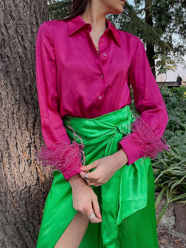 xakxx Loose Wrap Feathers Solid Color Split-Joint Lapel Collar Blouses&Shirts Tops