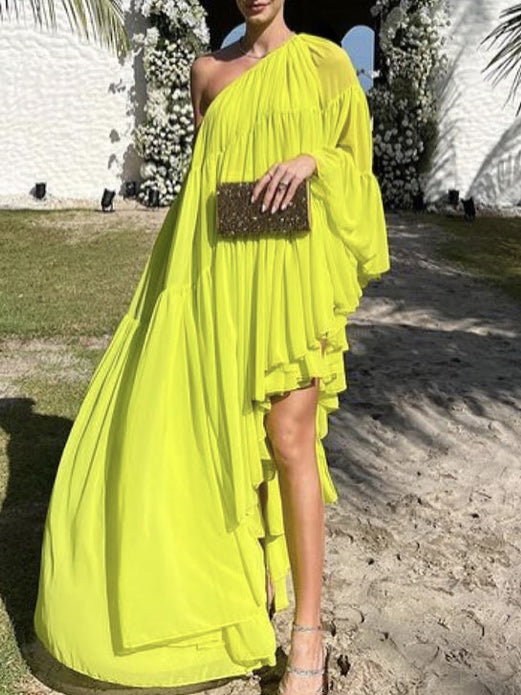 xakxx Irregularity Loose Pleated Solid Color One-Shoulder Maxi Dresses