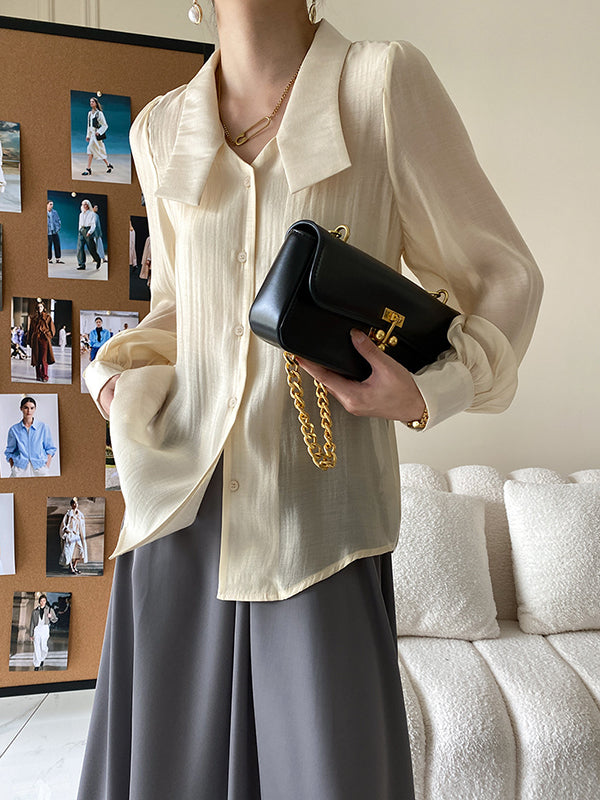 xakxx Urban Loose Long Sleeves Solid Color Lapel Collar Blouses