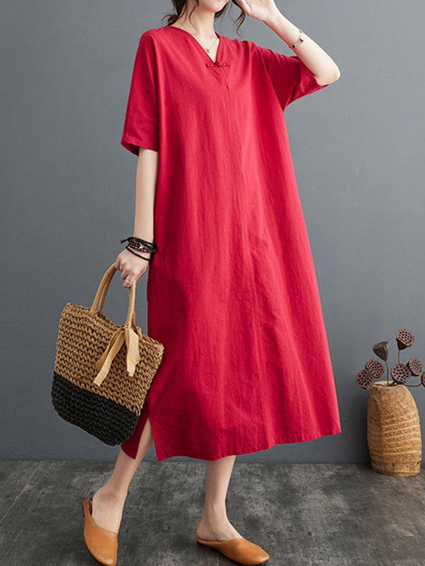 xakxx A-Line Loose Chinese Frog Buttons Pockets Solid Color Split-Side V-Neck Midi Dresses