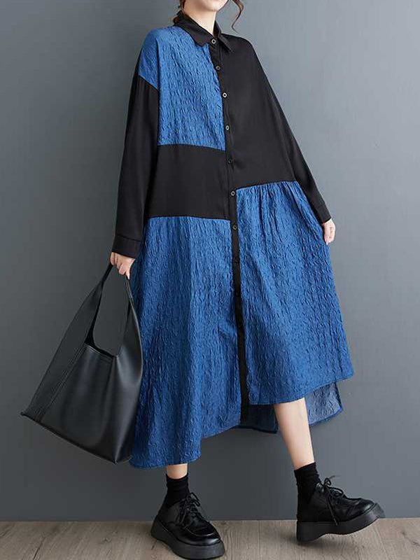 xakxx High-Low Long Sleeves Asymmetric Buttoned Split-Joint Lapel Midi Dresses