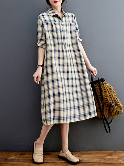 xakxx Half Sleeves Loose Plaid Lapel Midi Dresses