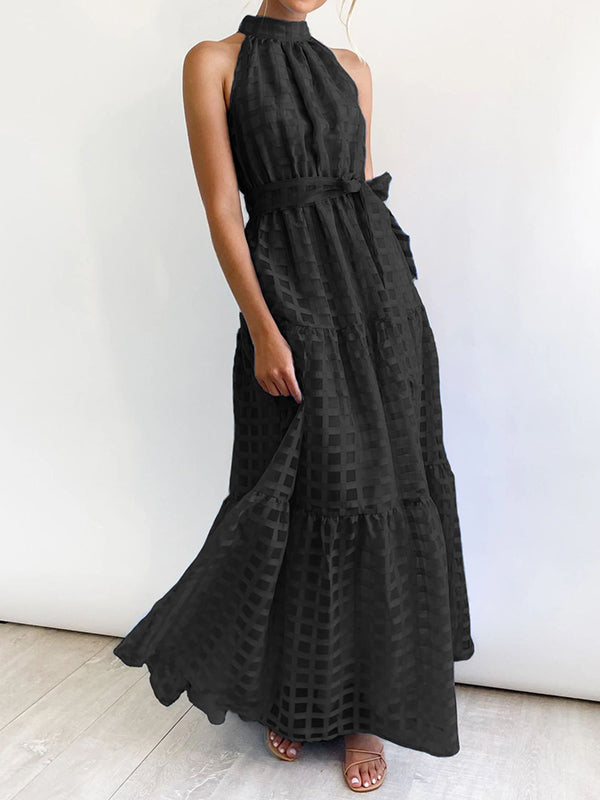 xakxx Loose Sleeveless Plaid Ribbed Stand Collar Maxi Dresses