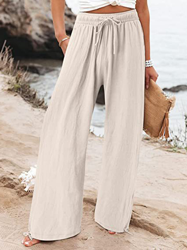 xakxx Loose Wide Leg Drawstring Elasticity Solid Color Pants Trousers