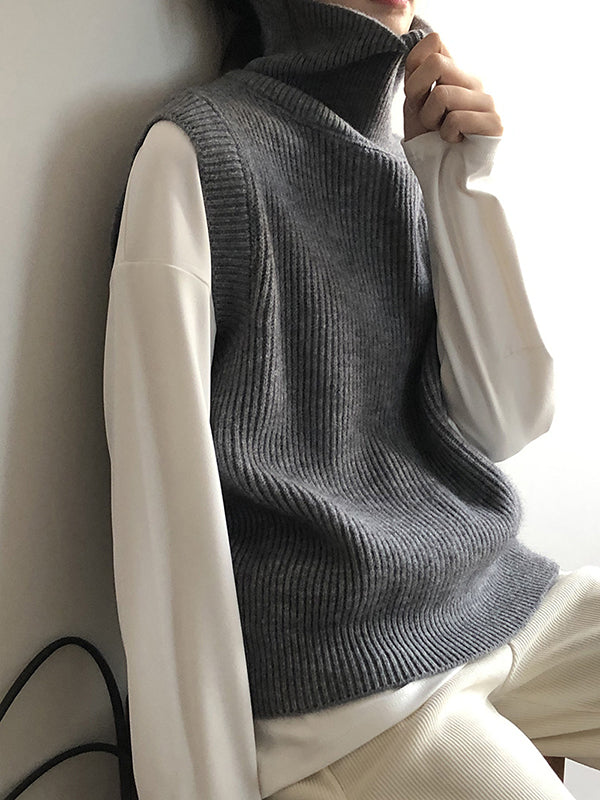 xakxx Casual Loose Sleeveless Solid Color High-Neck Sweater Vest Outerwear