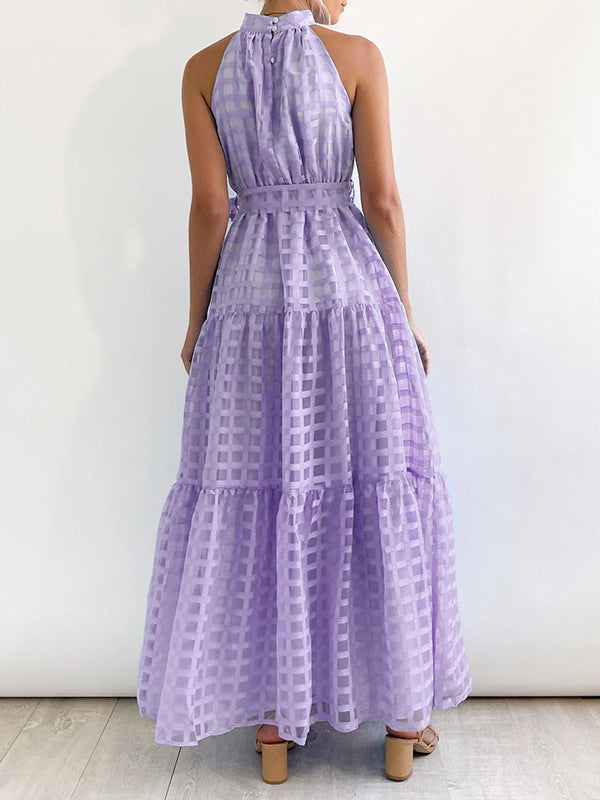 xakxx Loose Sleeveless Plaid Ribbed Stand Collar Maxi Dresses