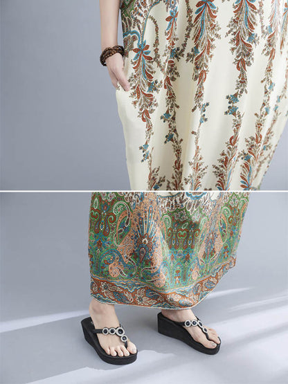 xakxx Vintage Floral Printed V-Neck Batwing Sleeves H-Line Maxi Dress