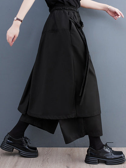 xakxx Wide Leg Loose Drawstring Solid Color Casual Pants Bottoms Culotte
