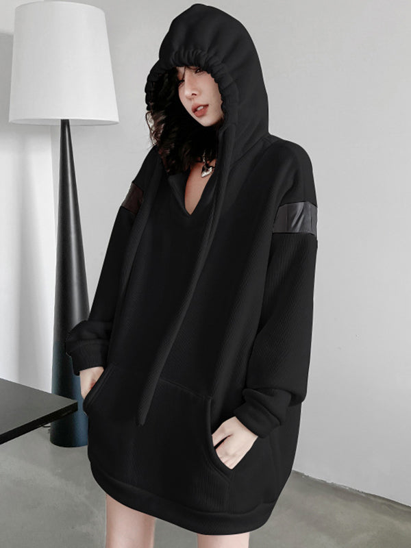 xakxx Long Sleeves Loose Contrast Color Drawstring Pockets Velvet Hoodies Tops