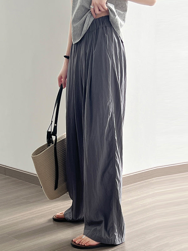 xakxx High Waisted Wide Leg Elasticity Pleated Solid Color Casual Pants Bottoms Trousers
