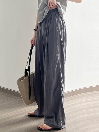 xakxx High Waisted Wide Leg Elasticity Pleated Solid Color Casual Pants Bottoms Trousers