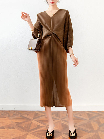 xakxx Fashion Loose Batwing Sleeves Gradient Pleated Midi Dress