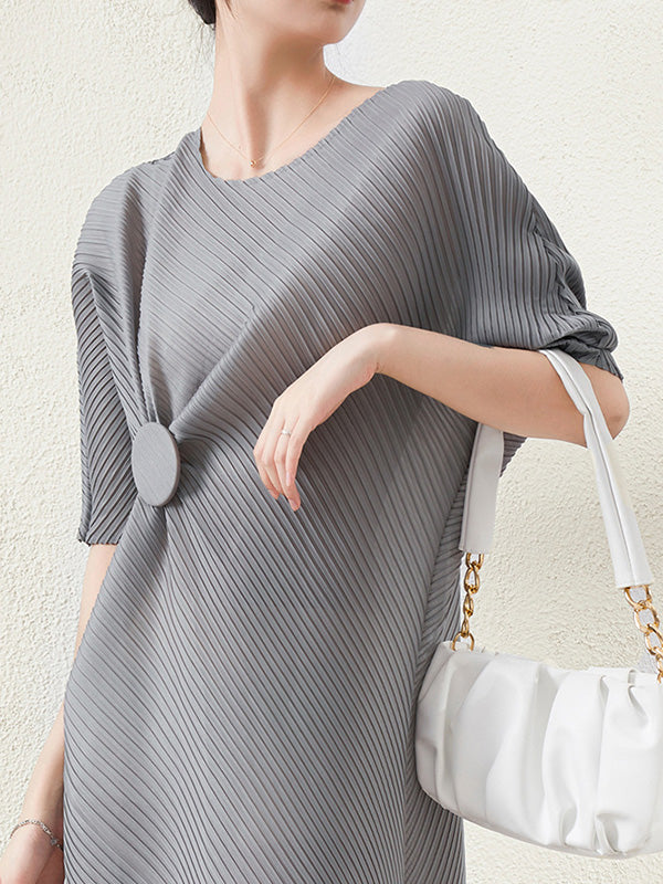 xakxx Stylish Irregularity Loose Pleated Solid Color Round-Neck Midi Dresses