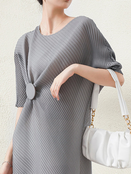 xakxx Stylish Irregularity Loose Pleated Solid Color Round-Neck Midi Dresses