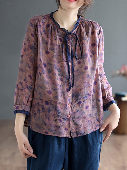 xakxx Long Sleeves Loose Floral Printed Lace-Up Round-Neck Blouses&Shirts Tops