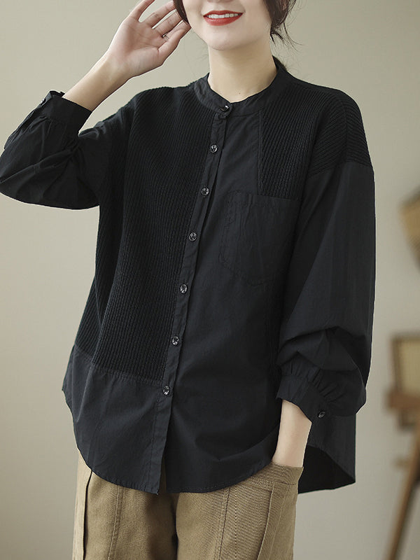 xakxx Vintage Long Sleeves Loose Split-Joint Round-Neck Blouses&Shirts Tops