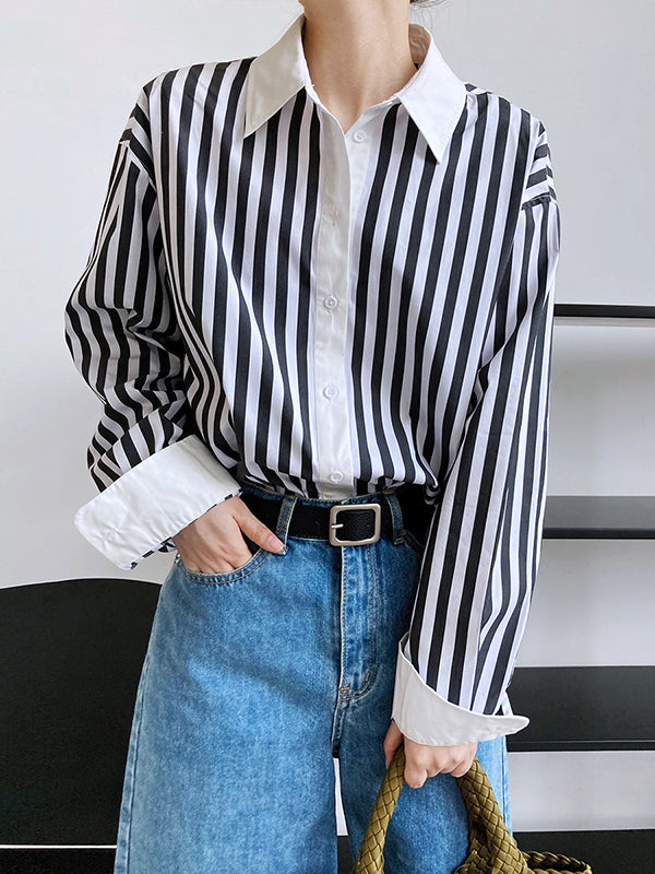 xakxx Simple Long Sleeves Contrast Color Striped Lapel Blouse Top