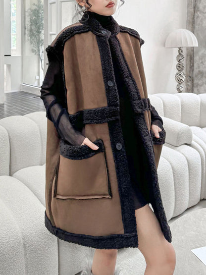 xakxx Loose Sleeveless Buttoned Contrast Color Pockets Reversible Velvet Stand Collar Vest Outerwear