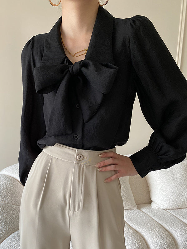 xakxx Urban Loose Long Sleeves Solid Color Lapel Collar Blouses