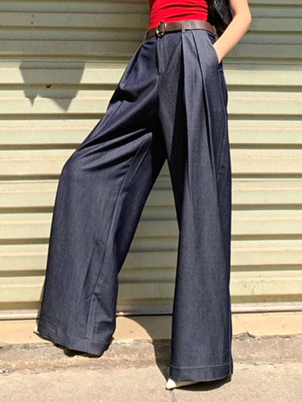 xakxx Loose Wide Leg High-Waisted Pleated Solid Color Pants Trousers