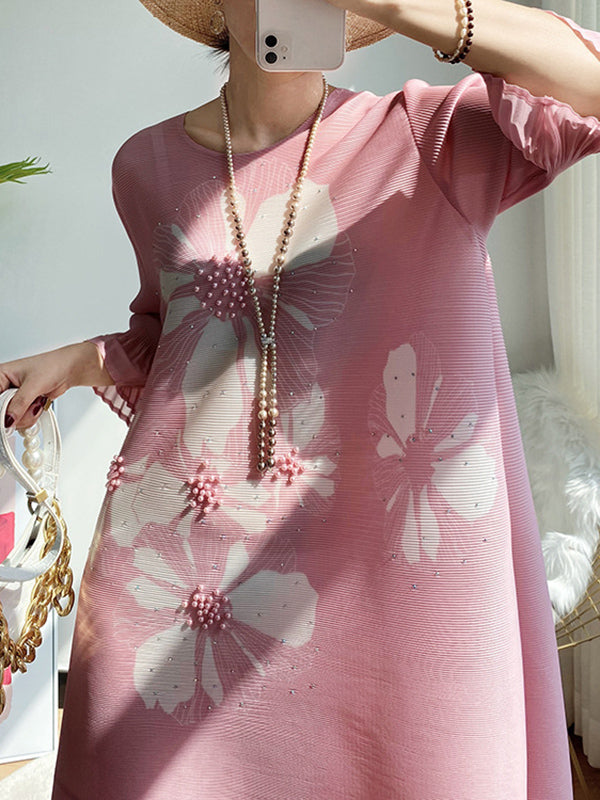 xakxx Flared Sleeves Loose Floral Printed Round-Neck Midi Dresses