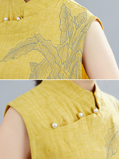 xakxx Artistic Retro Chinese-Style Printed Buttoned Stand Collar Sleeveless Vest
