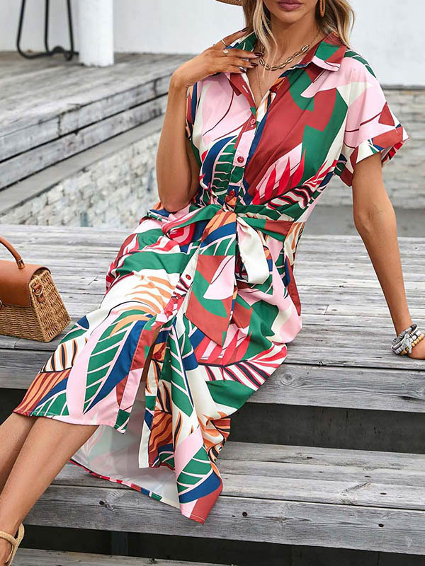 xakxx Raglan Sleeve Short Sleeves Buttoned Pleated Printed Tied Waist Lapel Midi Dresses Shirt Dress